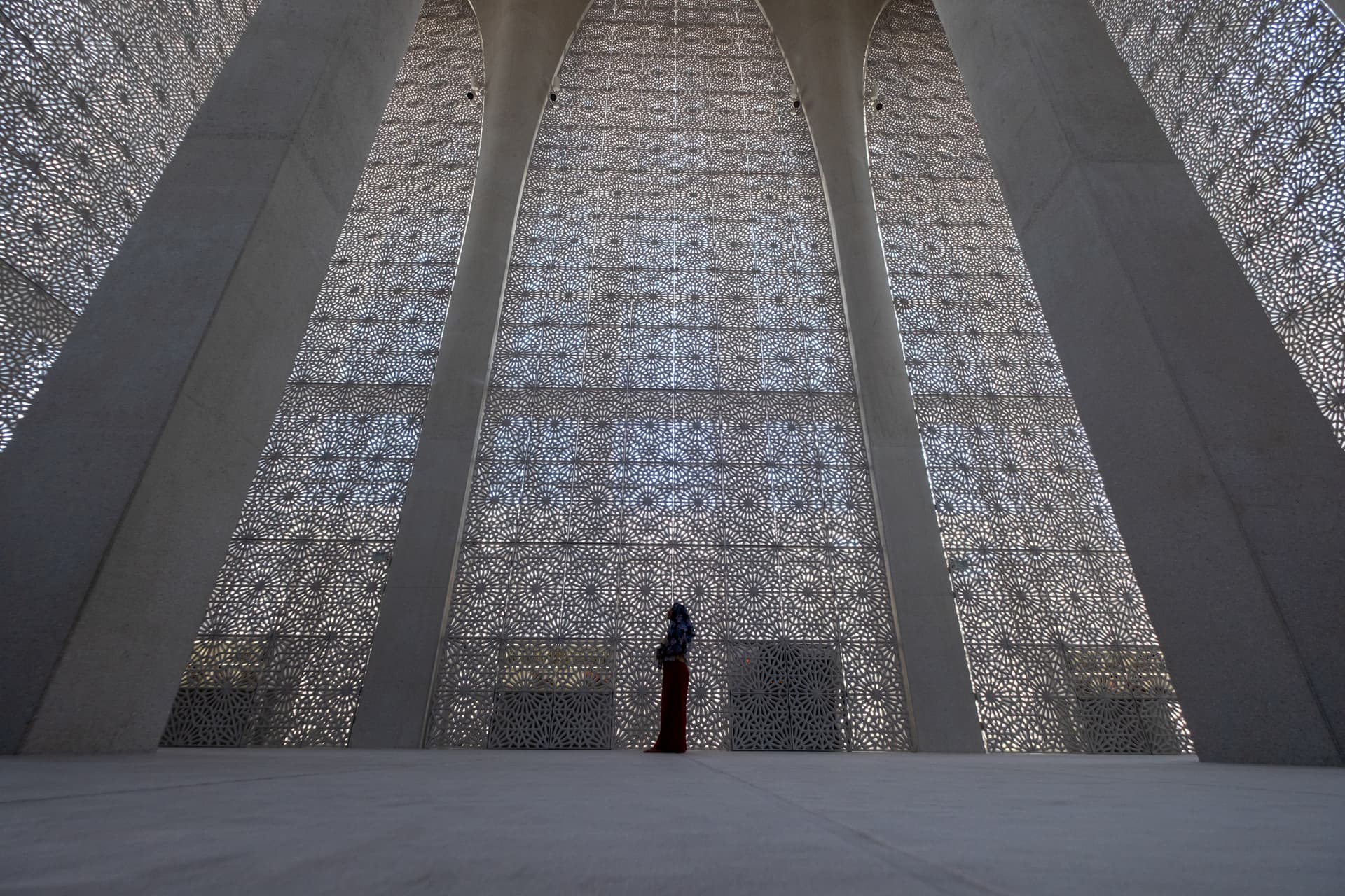 Mosque interior with mashrabiya latticework
