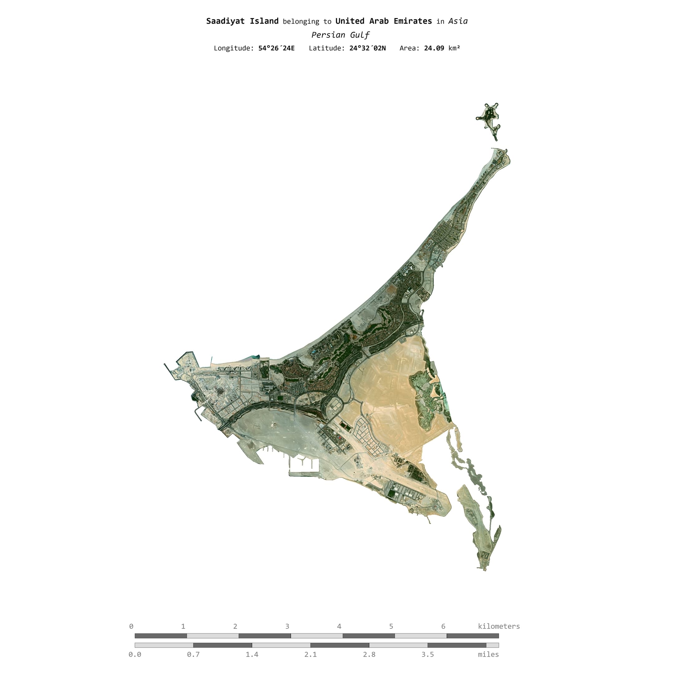 Satellite aerial view of Saadiyat Island, Abu Dhabi, UAE — a triangular natural island of 24.09 km² in the Persian Gulf at longitude 54°26′24″E, latitude 24°32′02″N, showing the Cultural District, beach developments, mangroves and undeveloped desert interior